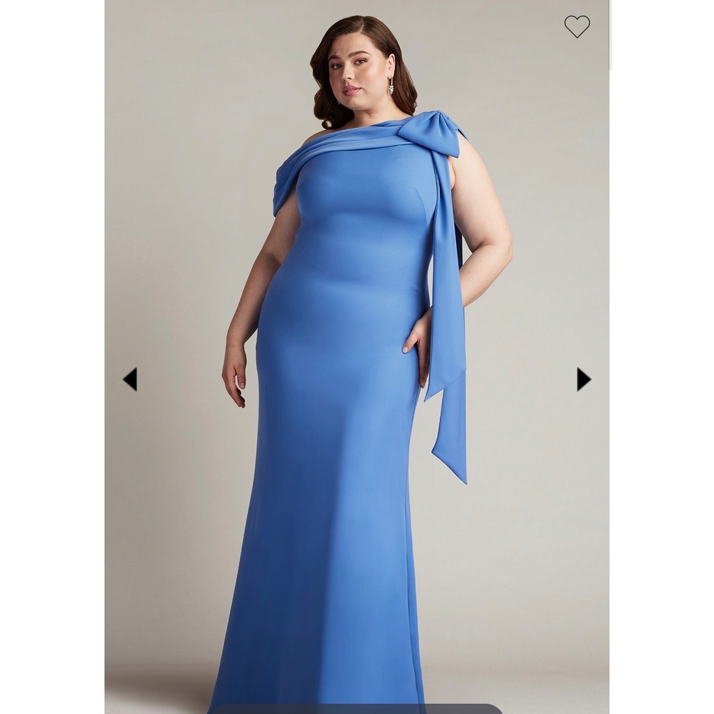 Tadashi Shoji Cassia Blue Off-Shoulder Bow Crepe Gown ALG18371LQ Size 14Q